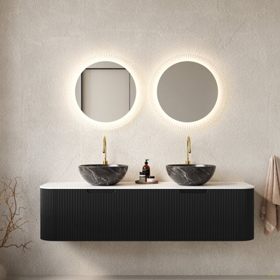 Meuble-lavabo de salle de bain 60 po avec lavabos, 2 tiroirs, 2 cuves en céramique avec motif de pierre, pré-assemblé