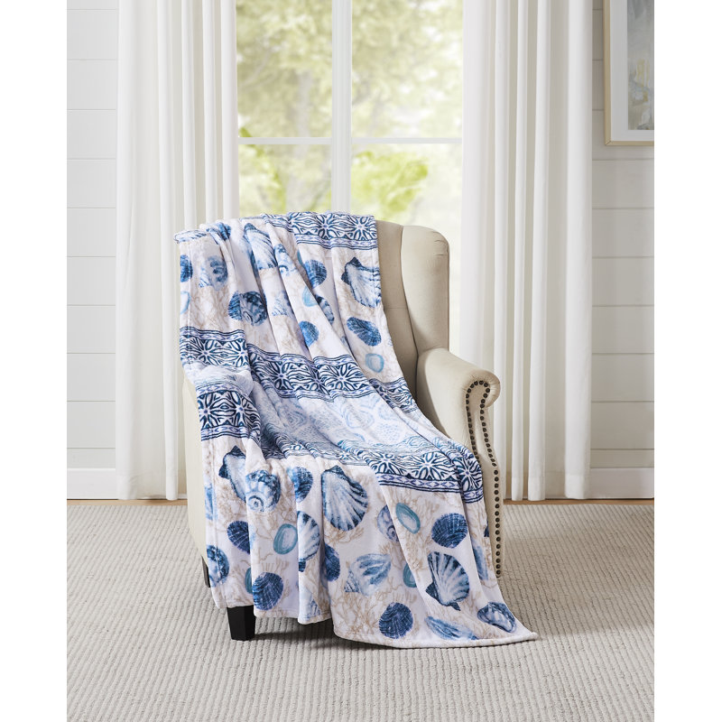 Coastal Ocean Life Fleece Throw Blanket, 50" x 70", Blue and White