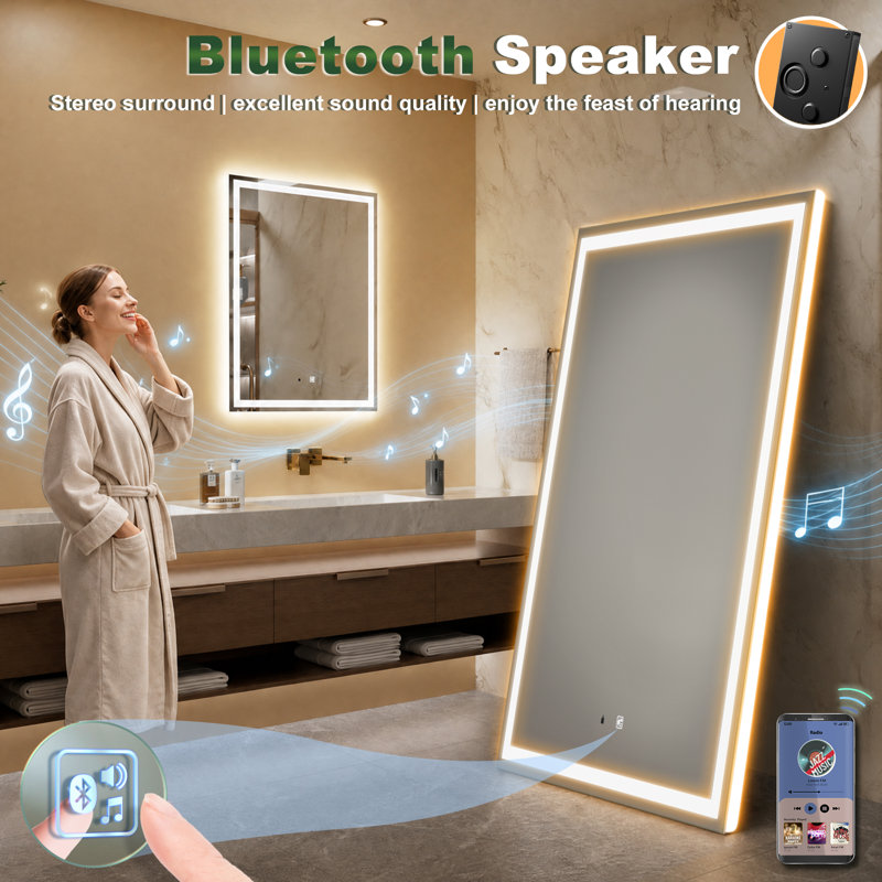 Baruyr Hand Wave Induction Sensor Illuminated Dimmable LED Anti Fog Vanity Mirror with Bluetooth, 40" x 32"