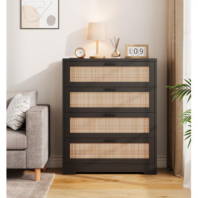 Commode 4 tiroirs pour la chambre à coucher, commode en rotin, commode haute en bois moderne avec prises de courant, unité de rangement de tiroir avec poignée en métal pour le vestibule du vestibule