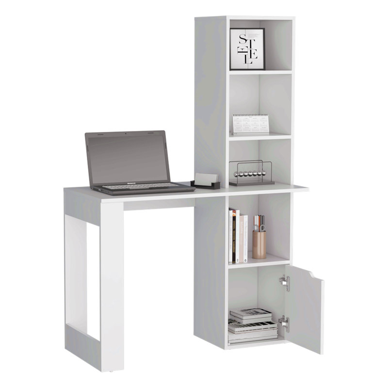 Bureau d'ordinateur avec 1 armoire et bibliothèque à 4 niveaux, Blanc