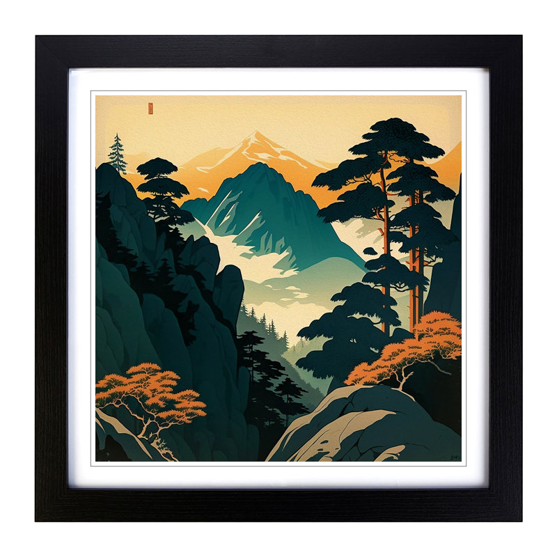 Japanese Mountains Mid-Century - Framed Print, Black