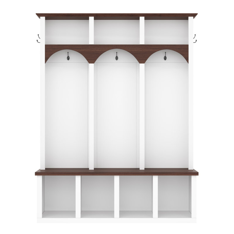 Farmhouse Wooden Hall Tree with Walnut Bench and Storage Cubbies, White