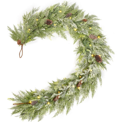 6FT Real Touch Christmas Garland With Lights, Cedar Garland Cypress Garland With Snowy Leaves And Pine Cone, Christmas Decorations For Mantel Stairs Table Runner Indoor Winter Décor