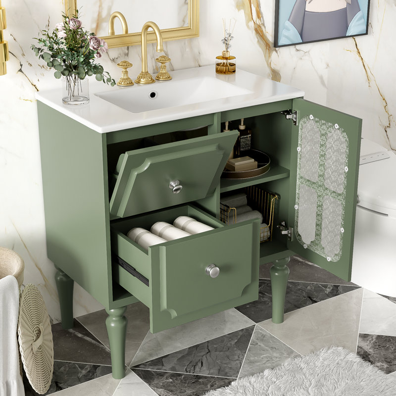 Retro Style 30'' Bathroom Vanity with Ceramic Sink Combo, Freestanding Single Vanity with 2 Drawers, Solid Wood Frame Storage Cabinet, Green