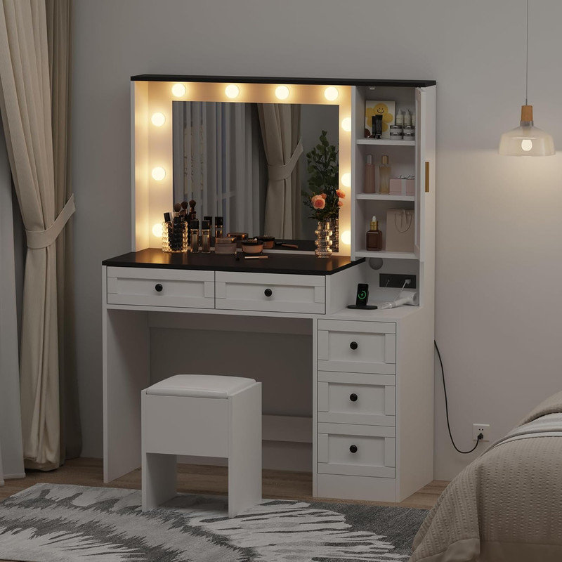 Ensemble de coiffeuse de maquillage avec 10 lumières DEL et station de charge - 5 tiroirs, armoire à 3 niveaux, tabouret - Assemblage facile