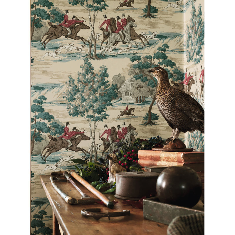 Tally Ho Wallpaper, Evergreen/Crimson