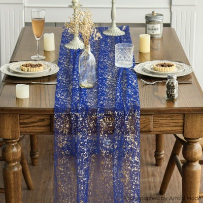 10PCS Blue Gold Gauze Table Runner 120 Inch 10FT, Glitter Metallic Foil Sheer Dining Wedding Anniversary Holiday Table Decor for Home Party