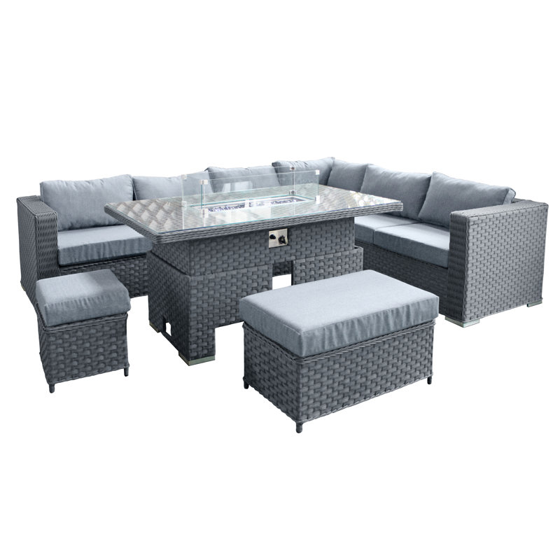 Buxton Rattan 9 Seat Rising Firepit Corner Set in Mixed Brown with Taupe Cushions, Grey Cushion/Ocean Grey