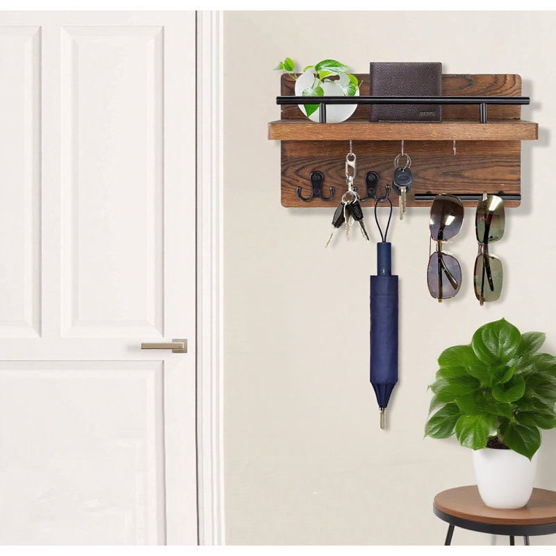 Porte-clés mural avec tablette de rangement pour courrier, porte-clés en bois rustique avec 5 crochets pour clés, parapluies et accessoires