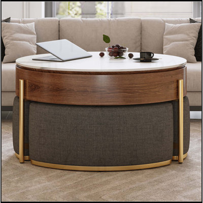 Modern Lift-Top Round Coffee Table with Hidden Storage, Walnut Veneer & Sintered Stone Top, 3 Upholstered Nesting Ottomans, Space-Saving Design, Fully Assembled