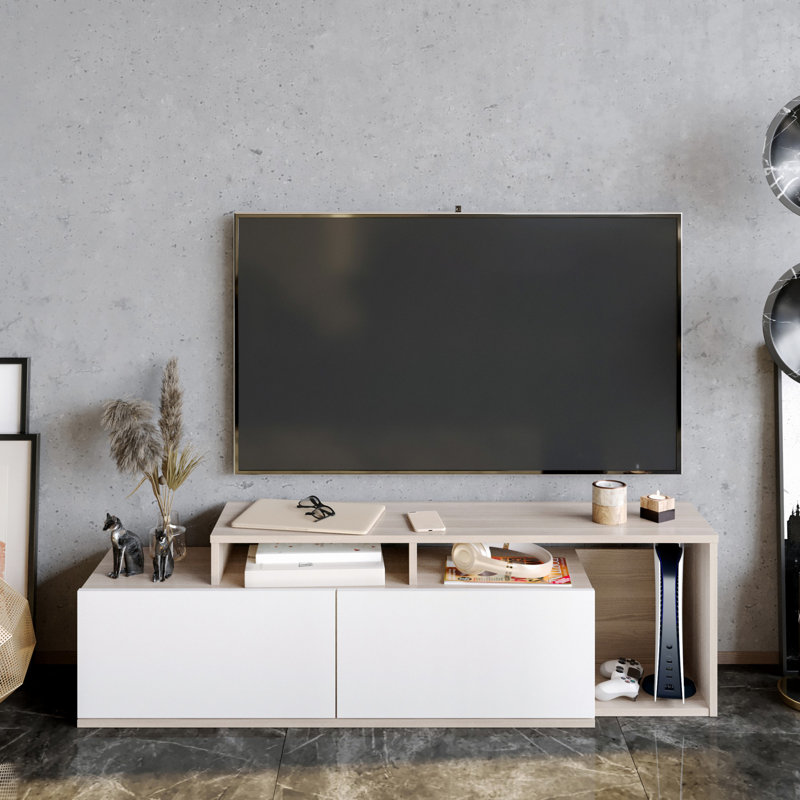 Modern TV Stand with Wall-Mount Option, Cordoba & White, 59.0 x 16.9 x 13.9 inches | 100% Melamine Coated Particle Board, 0.7 inches Thick | Multiple Shelves for Storage, Stylish & Functional Design