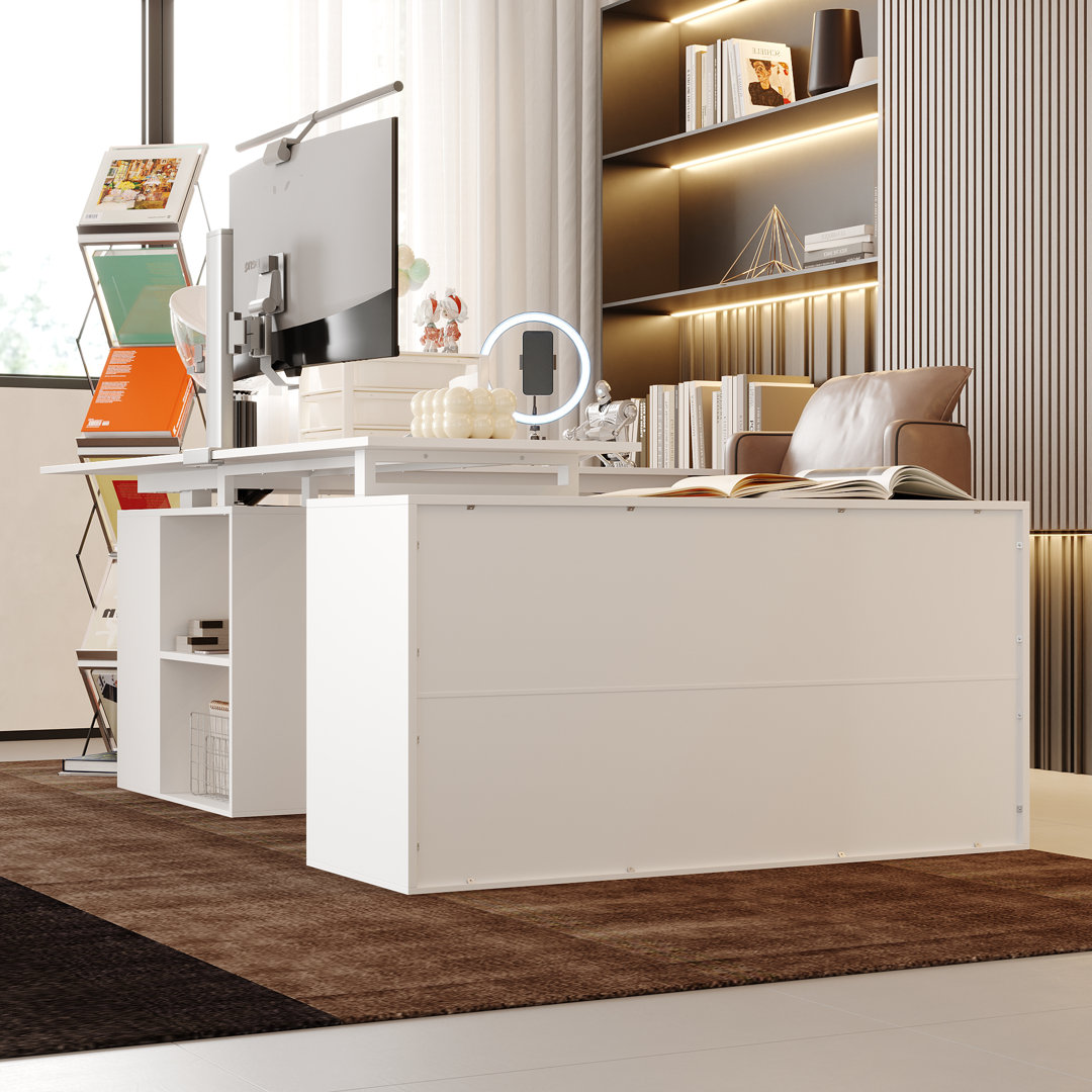 Ergonomic Electric Height-Adjustable U-Shaped Desk With Built-In Storage And Shelving Latitude Run®