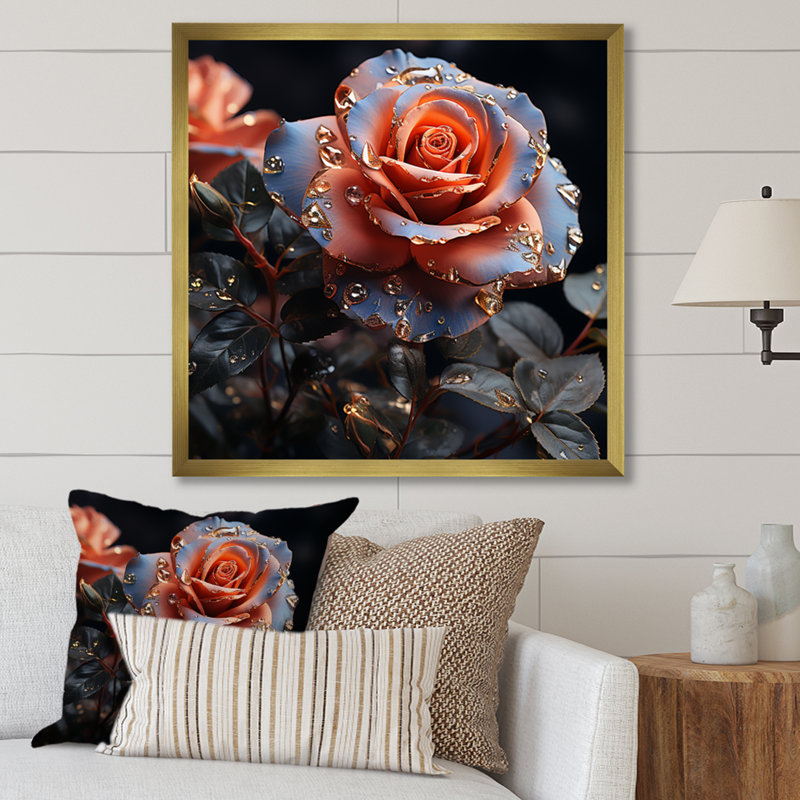 Or et rose bleue passion sur toile, Cadre doré simple, H 16 po x l 16 po x P 1 po