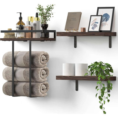 16 Inch Solid Wood Wall Mounted Floating Shelves Towel Racks, Bathroom Wall Organizer For Bedroom Kitchen Living Room, Carbonized Rustic Brown