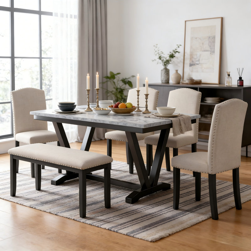 Ensemble de salle à manger 6 pièces avec banc et chaises rembourrées