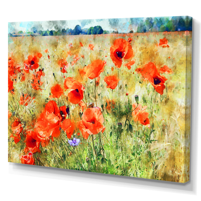«Grunge Summer Red Poppy Field», reproduction sur toile flottante, H 24 po x l 36 po x P 1 po, Toile tendue
