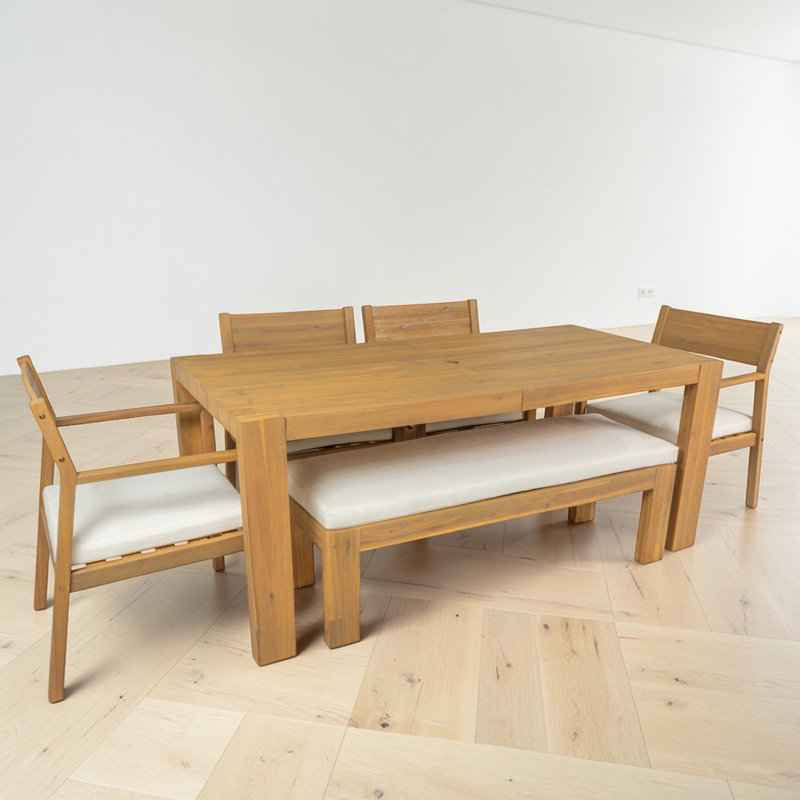 Ensemble de table de salle à manger 6 pièces avec banc, table de salle à manger longue avec trou pour parasol, bois massif, fauteuils rembourrés, style campagnard moderne, utilisation à l'extérieur