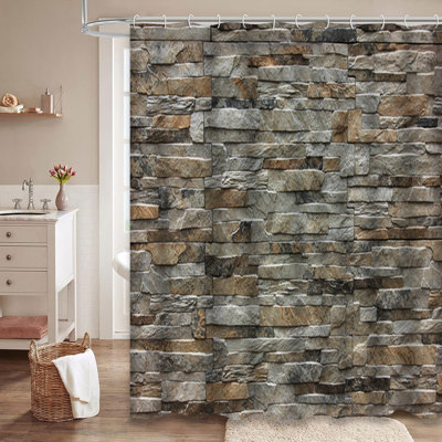 Modern Stone Wall Carved Building Backdrop Shower Curtain with 12 Hooks