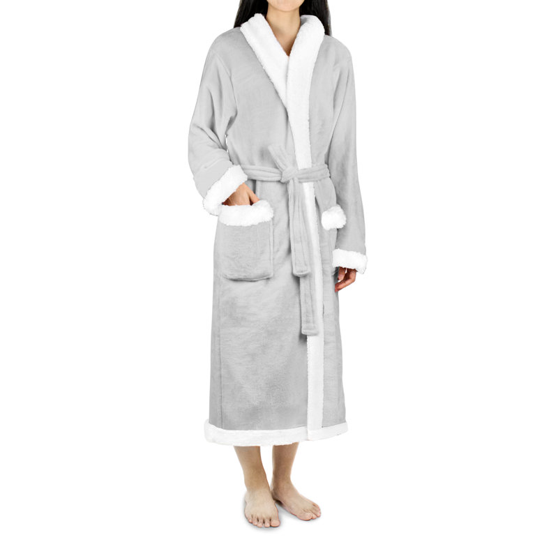 Peignoir mi-mollet en molleton avec poches, Gris clair