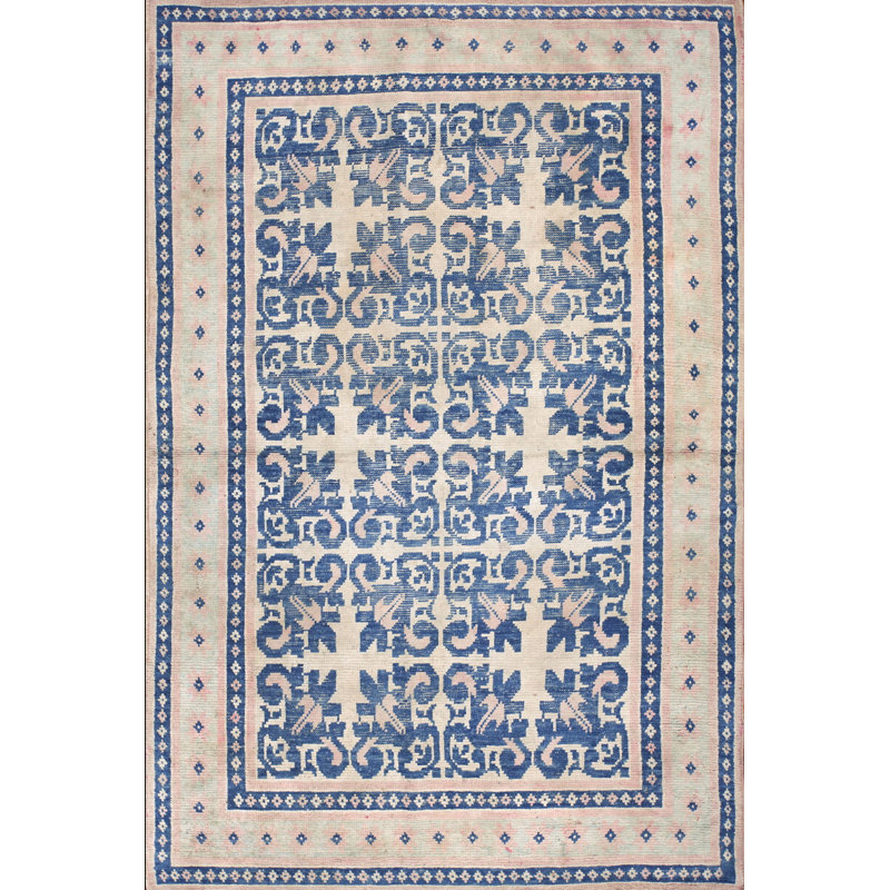 Antique Indian White and Blue Color Geometric Design Cotton Agra Area Rug