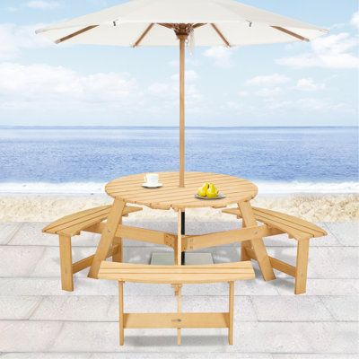 Natural Wood Picnic Table For 6 People With 3 Benches - Umbrella Hole, , Patio And Backyard Use , Spacious Benches, Ideal Poolside Garden