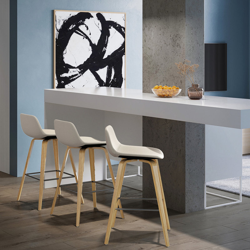 Tabouret de 2 - généreux siège en placage de lin naturel avec 2 comptoirs et pieds en bois