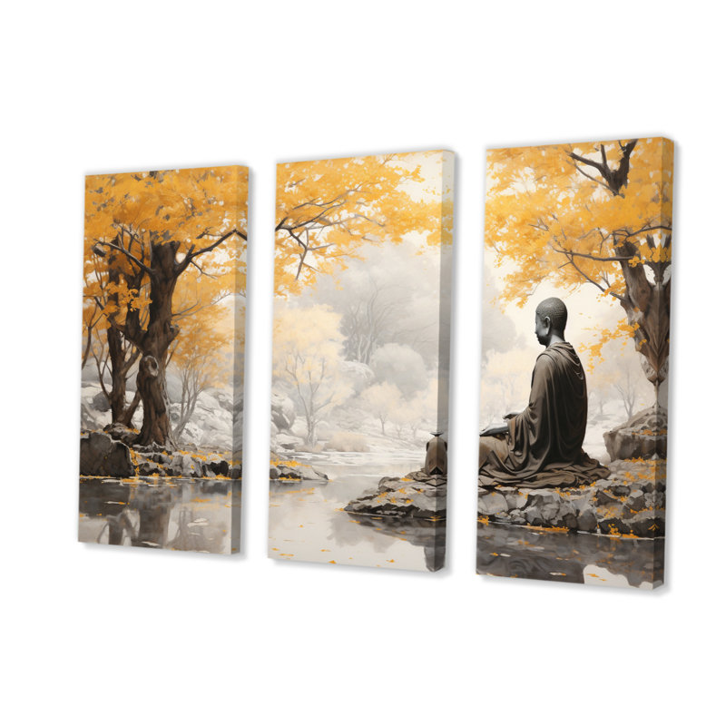 "Bouddha gris et jaune, chemin éclairé III" sur toile, 3 pièces, H 28 po x l 36 po x P 1 po