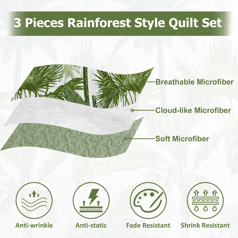 3-Piece Tropical Plants Quilt Set Botanical Bedspread Rainforest Style Bedding Set Soft Lightweight All Season Bed Cover
