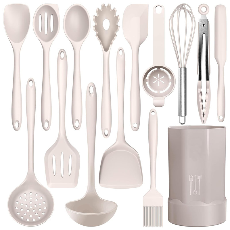 Ensemble de 15 ustensiles de cuisine en silicone, ensemble d'ustensiles de cuisine, kaki
