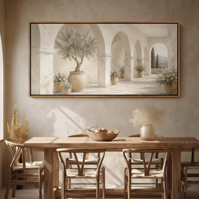 Large Framed Canvas Wall Art - Mediterranean Courtyard Arch Landscape Decor - 60"x20", 60"x30"