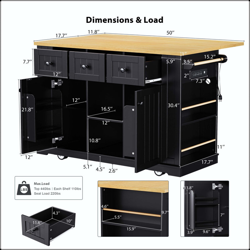 Grand îlot de cuisine de 53 po avec rallonge, supports de porte internes et prise de courant - noir (tabourets non inclus)