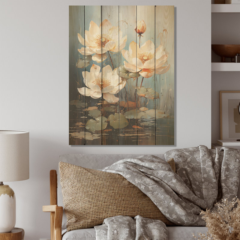 Élégance en fleurs de lotus - Art mural sur bois de pin naturel, H 40 po x l 30 po