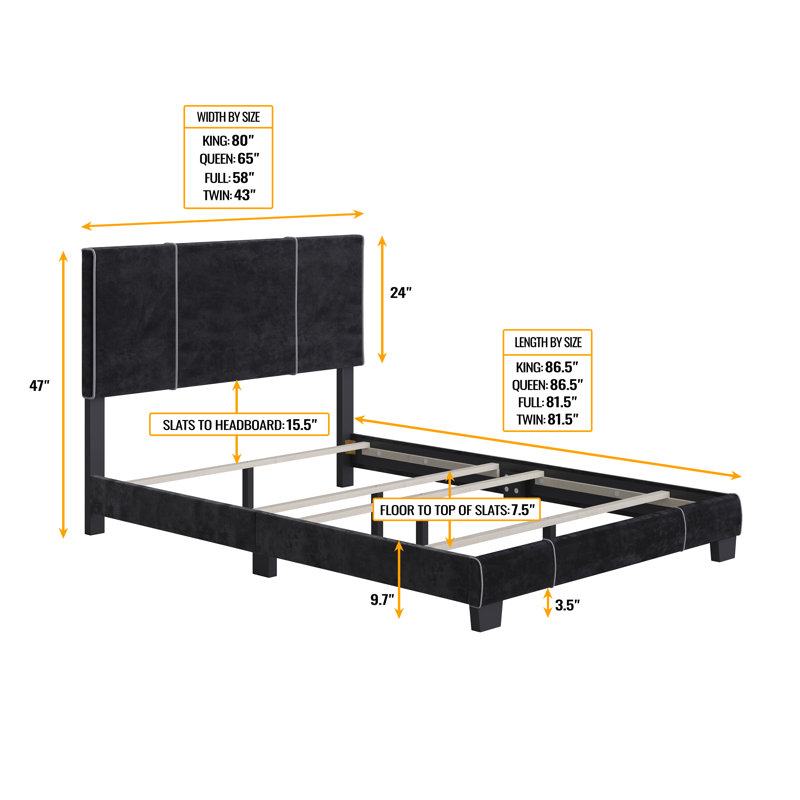 Lucena Black Velvet Upholstered Queen Platform Bed with Headboard