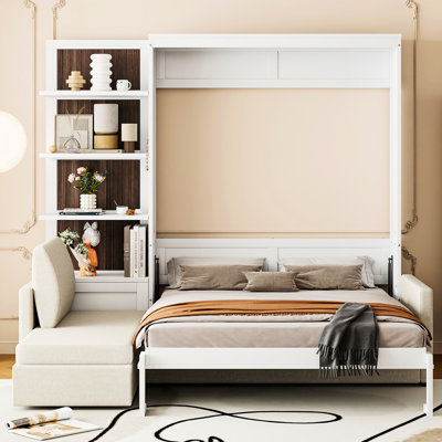 Grand lit blanc avec et tablettes, peu encombrant pour une vie compacte, matériaux confortables, sièges en contreplaqué, contreplaqué