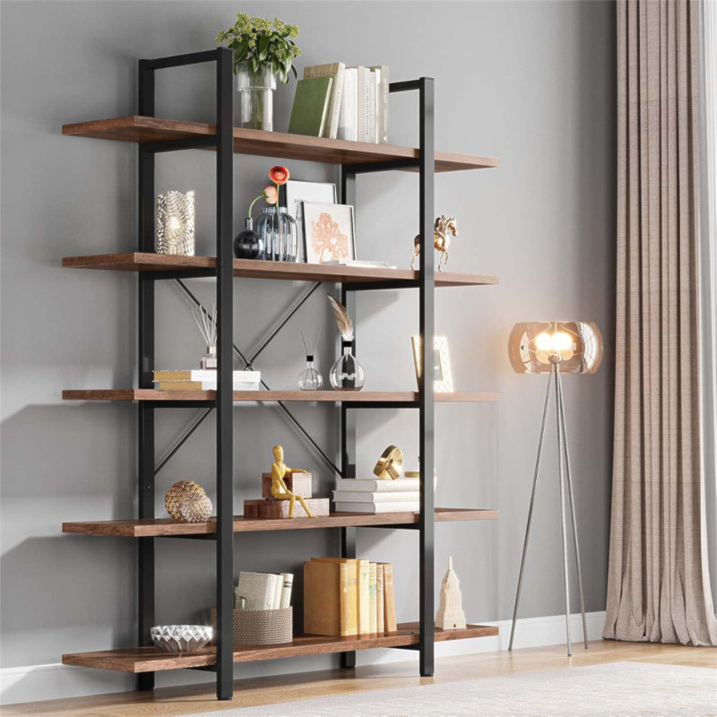 Vintage Industrial Rustic Bookshelf With 5 Spacious Tiers, Ideal For Home And Office Organization And Display