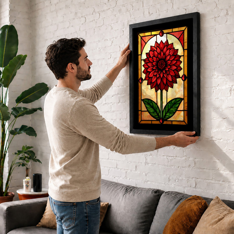 Stained Glass Dahlia Botanical - Print, Black, A3 - 42.0 x 29.7 cm