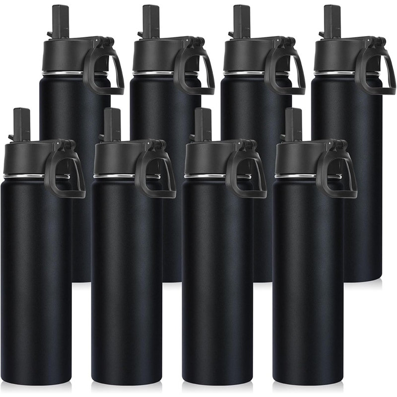 22 Oz Insulated Water Bottles Bulk, Stainless Steel Water Bottles Bulk With Leak Proof Straw Lid, Personalized Powder Coated For Laser Engrave (black,8 Pack)