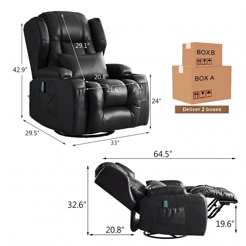 Fauteuil inclinable et berçant inclinable en cuir Vegan, Similicuir noir