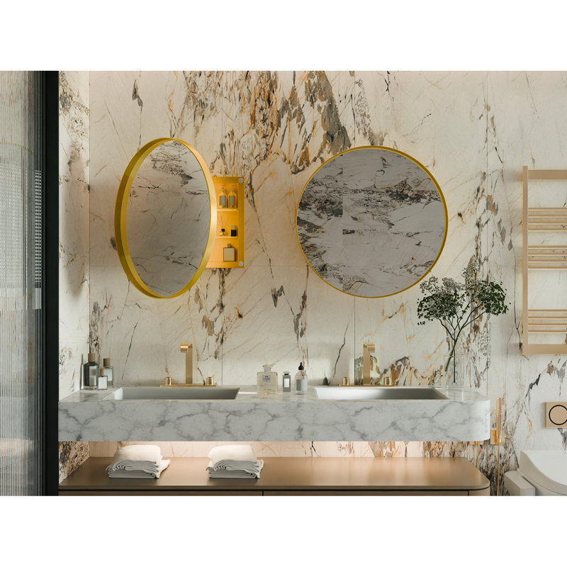 Pharmacie de salle de bain ronde en métal avec miroir, 23,6 po, tablettes réglables, preuve, élégant miroir doré de 23,6 po et style tendance