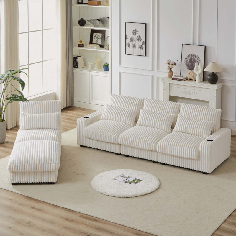 Canapé en forme de L de 126 po avec porte-gobelets et charge USB, Beige