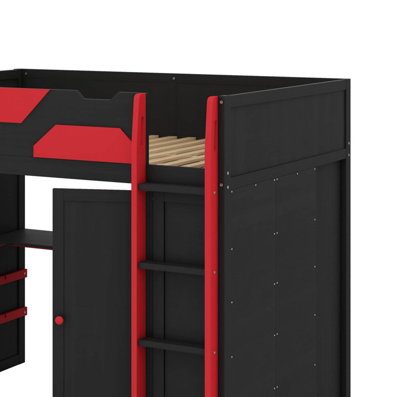 Lit mezzanine en bois avec bureau, garde-robe, tablettes à plusieurs rangements, lit de jeu avec lumière USB et RVB, Rouge