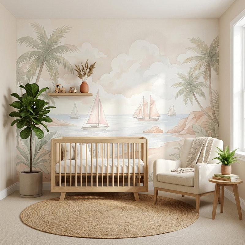 Décoration murale amovible de paysage de bord de mer tropical avec palmiers, voiliers, 160 po x 108 po, Peler et coller