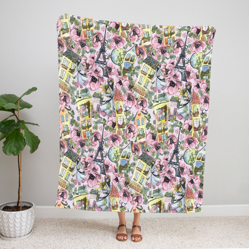 Throw Blanket, 68" W x 80" L, Floral/Abstract, Pink/Yellow/Gray