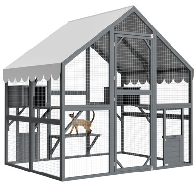 Grande maisonnette d'extérieur pour chat, luxueuse clôture en bois pour chat 28 pi² avec 2 portes pour chat, 2 parcs et cachettes, ponts, promenades, toit, gris