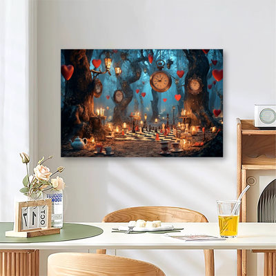 Scène de forêt avec grande horloge et lanterne en bois classique, grande impression sur toile tendue avec châssis pour le salon et la chambre à coucher