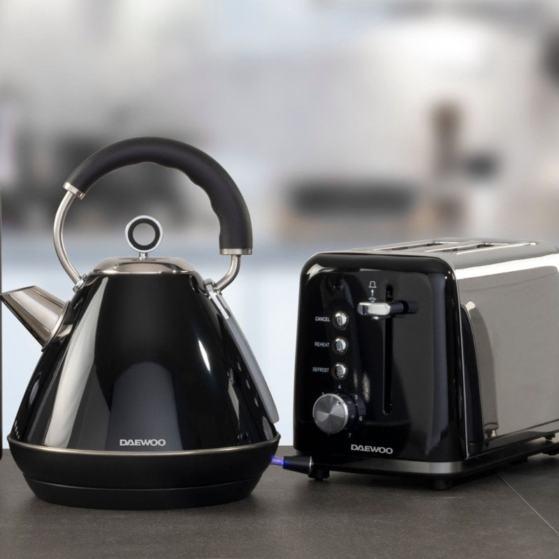 Daewoo Kensington Pyramid Matching 2 Slice Toaster & Kettle Set 1.7L 3000W Retro Bundle Combo Pack, Black
