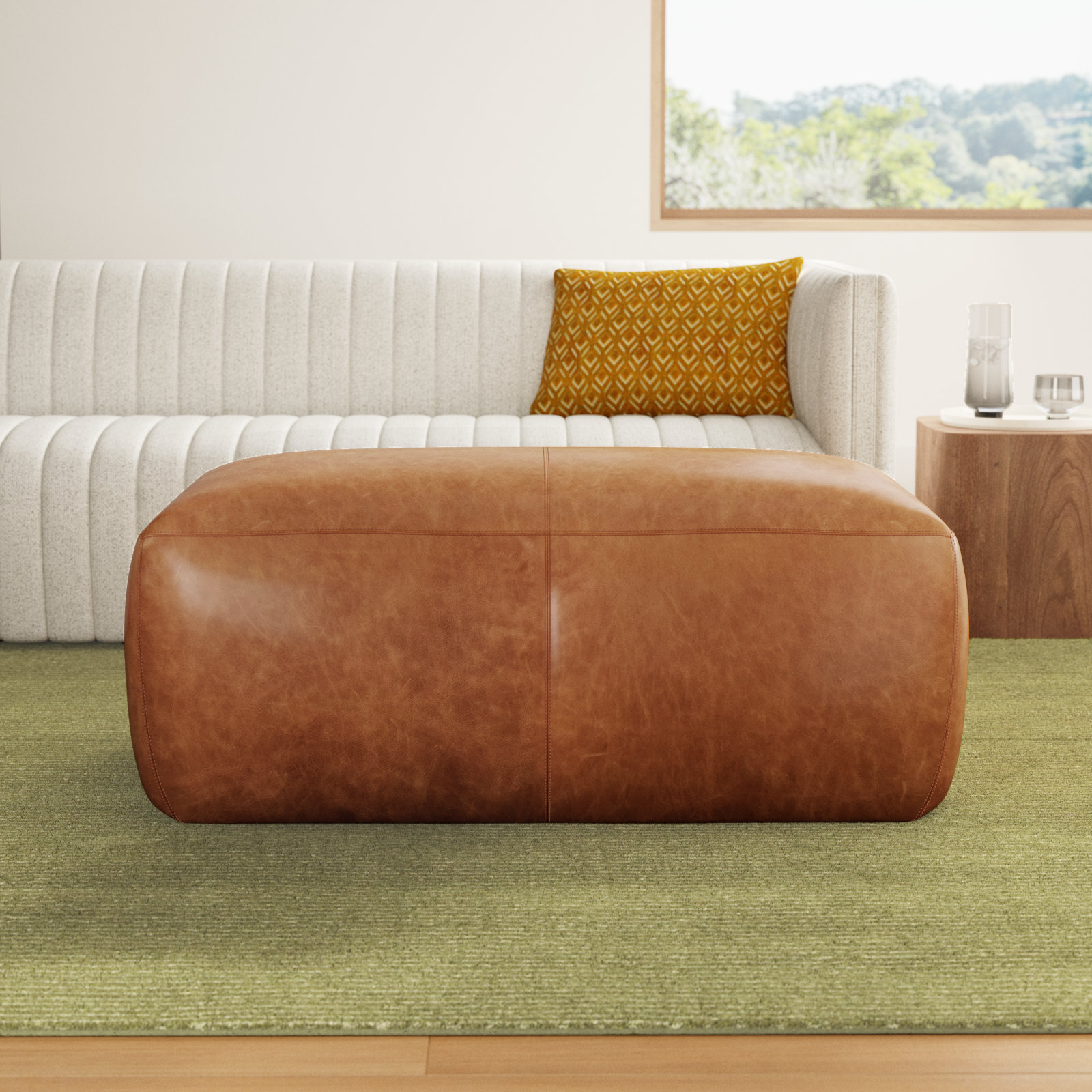 Denver Full-Grain Genuine Italian Leather Ottoman, Cognac Tan