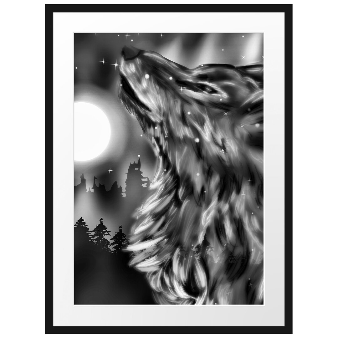 Gerahmtes Poster Abstrakter Wolf mit Mond