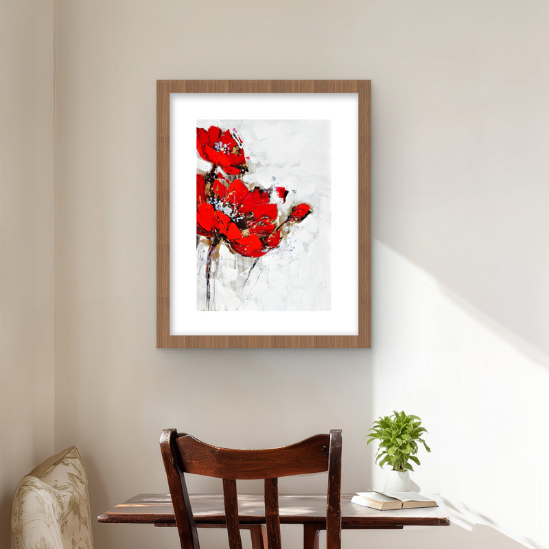 Fleurs abstraites rouges avec texture - reproduction encadrée pour chambre à coucher